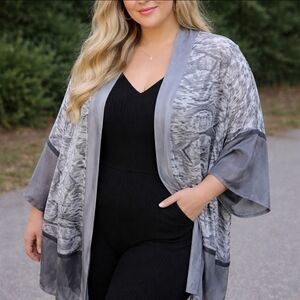Susan Graver Black/Gray/White Sheer Long Open Front Kimono Sz 2X
